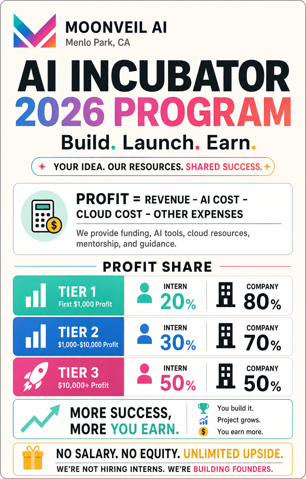 Moonveil AI Incubator 2026 profit-share program poster